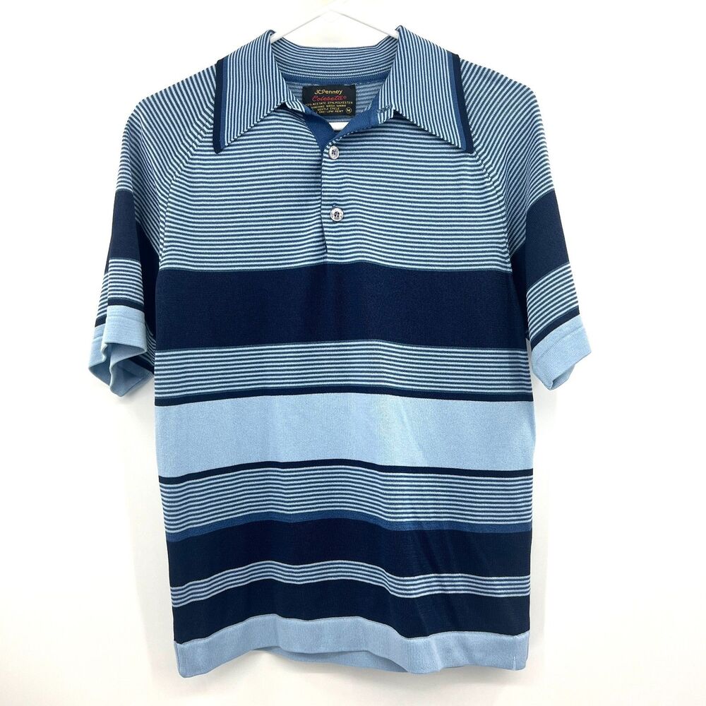 Vintage 70s JCPenney Coleseta Blue Striped Knit Polo Shirt Mens M Disco Mod
